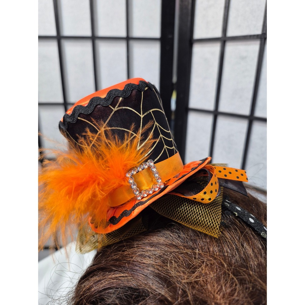 Halloween Mini Top Hat Headband Orange Black Spiderweb Feather Rhinestone Buckle